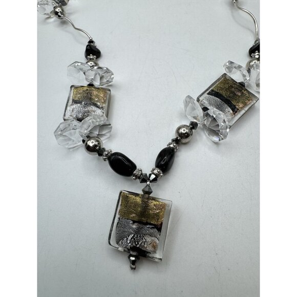 Black Silver Foil Art Glass Beaded Silver/Gold Tone And Crystal Necklace Vintage - Picture 7 of 9